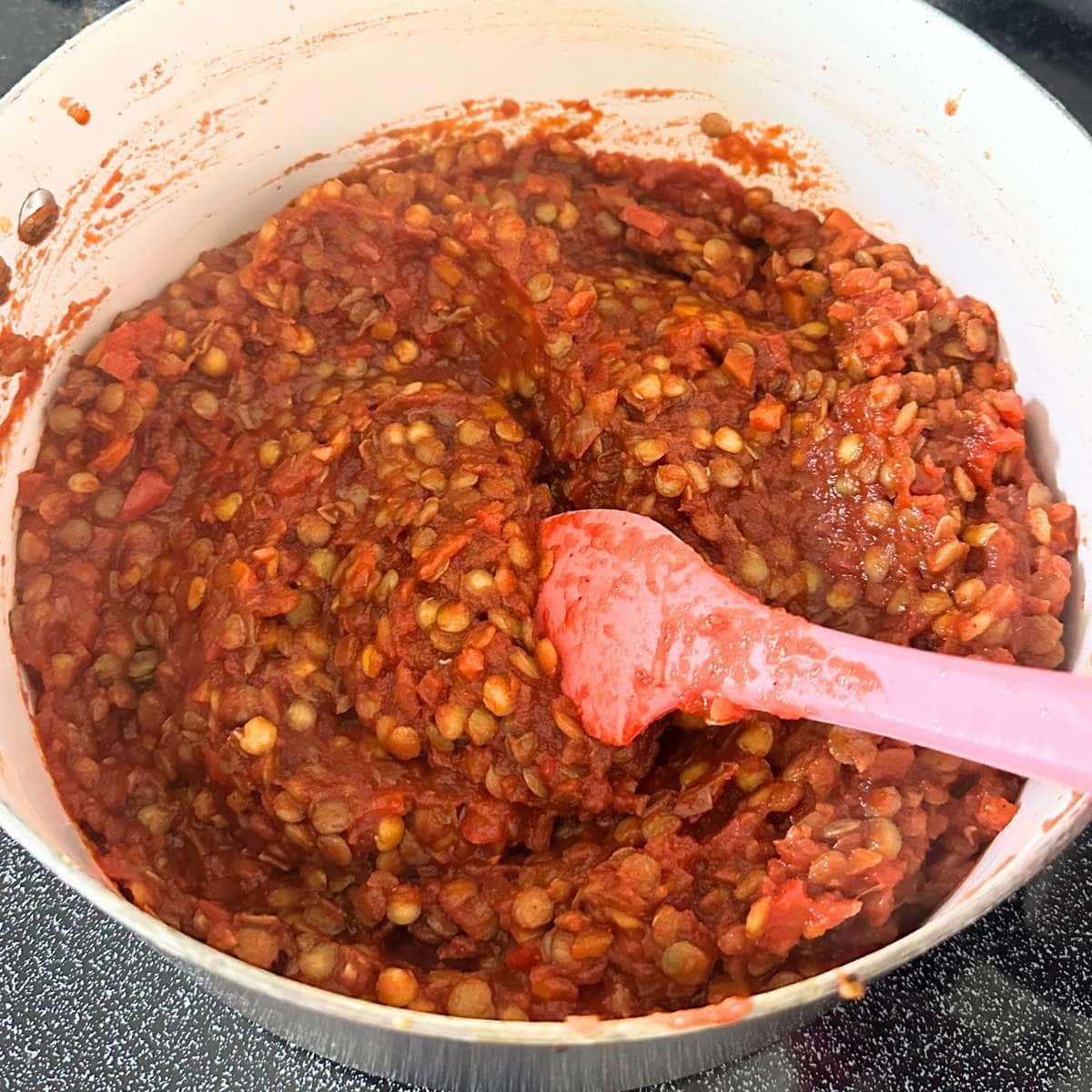 Mixing tomato sloppy joe sauce with cooked lentils in a large pot.