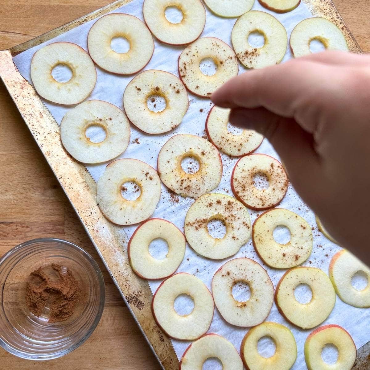 Sprinkling cinnamon over apple slices on a baking sheet.