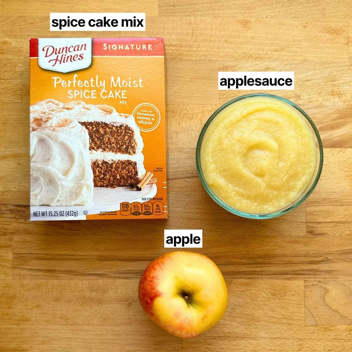 Ingredients to make apple muffins with corresponding labels: spice cake mix, apple sauce, apple.