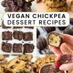 Collage of vegan chickpea dessert recipes (clockwise): chocolate chickpea clusters, chickpea chocolate chip cookies, chickpea cookie dough truffles, brownie batter hummus, chickpea blondies, and chickpea brownies.