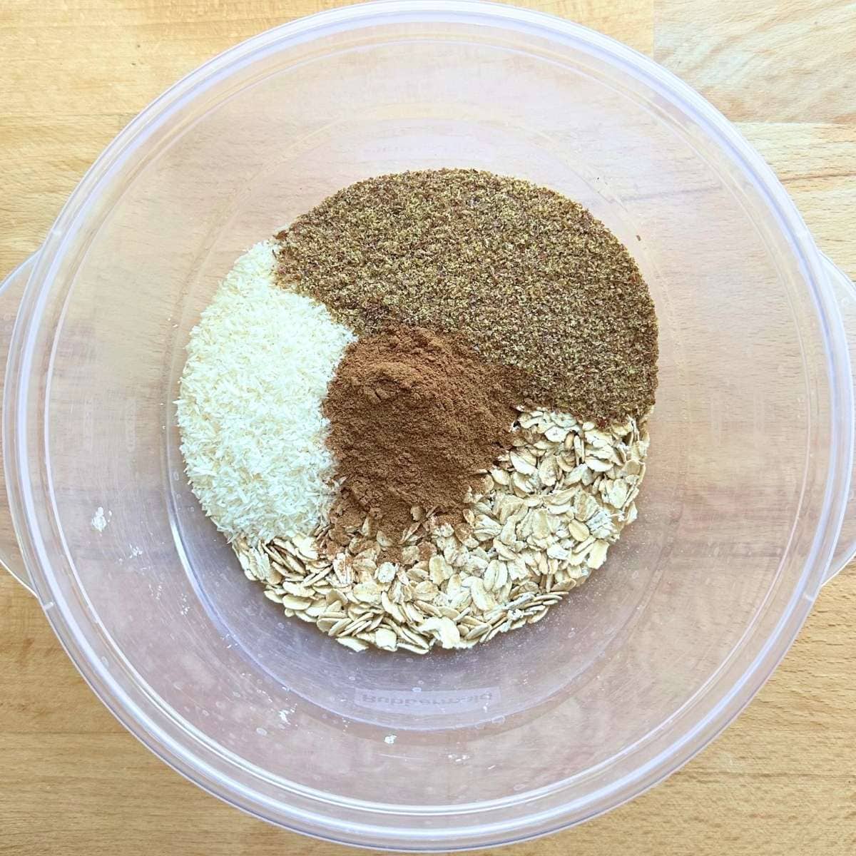 Dry ingredients in a bowl, unmixed.