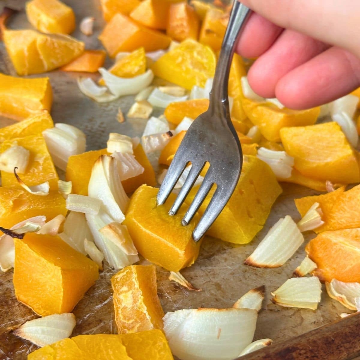 Fork testing a cube of roasted butternut squash on a sheet pan to see if it is cooked through.
