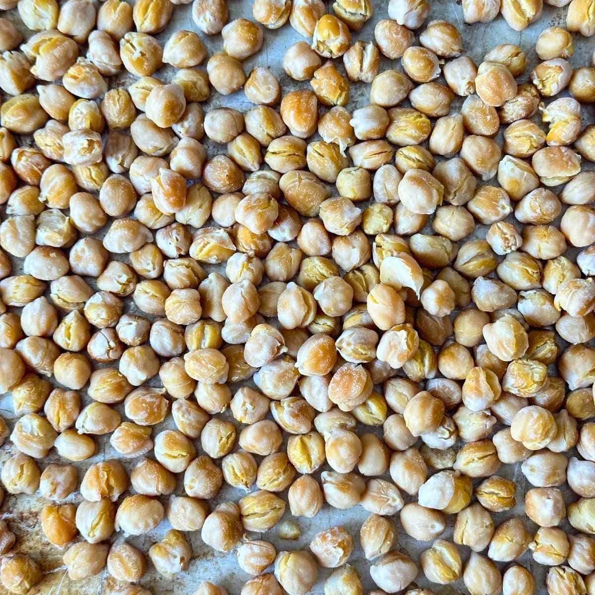 Dry roasted chickpeas on a pan.