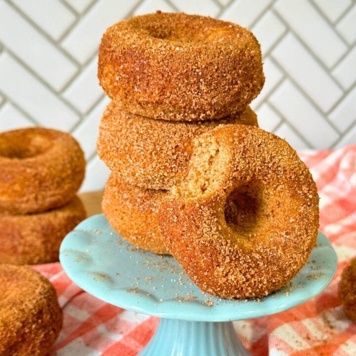 Stack of three vegan gluten-free apple cider donuts on a blue pedestal with another donut with a bite taken out of it resting on the side.