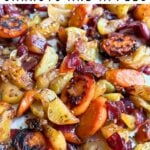 Roasted carrots and apples with maple Dijon glaze on a sheet pan.