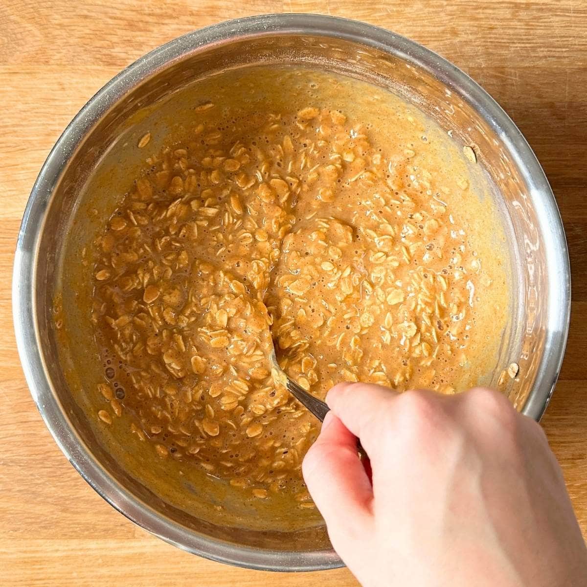 Mixing oats and pumpkin in large bowl.