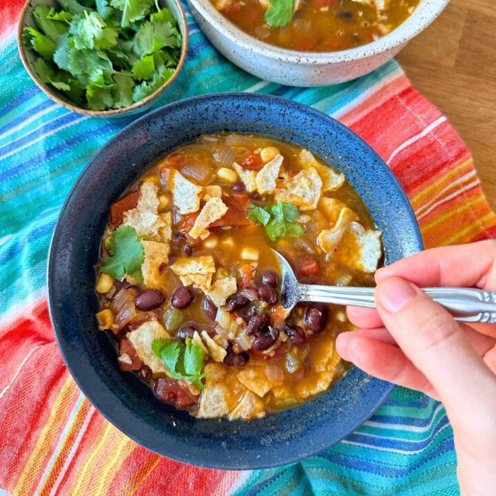 Vegan black bean tortilla soup in a blue bowl with a spoon over a bright red, orange, and blue napkin.