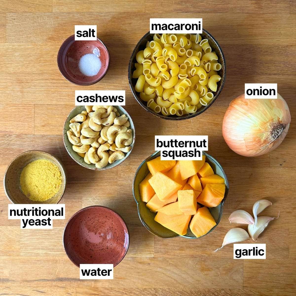 Ingredients needed to make vegan butternut squash mac and cheese with corresponding labels: salt, macaroni, cashews, butternut squash, onion, nutritional yeast, water, and garlic.