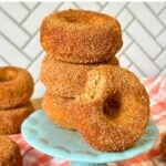 Stack of three vegan gluten-free apple cider donuts with another donut with a bite taken out of it resting against them.