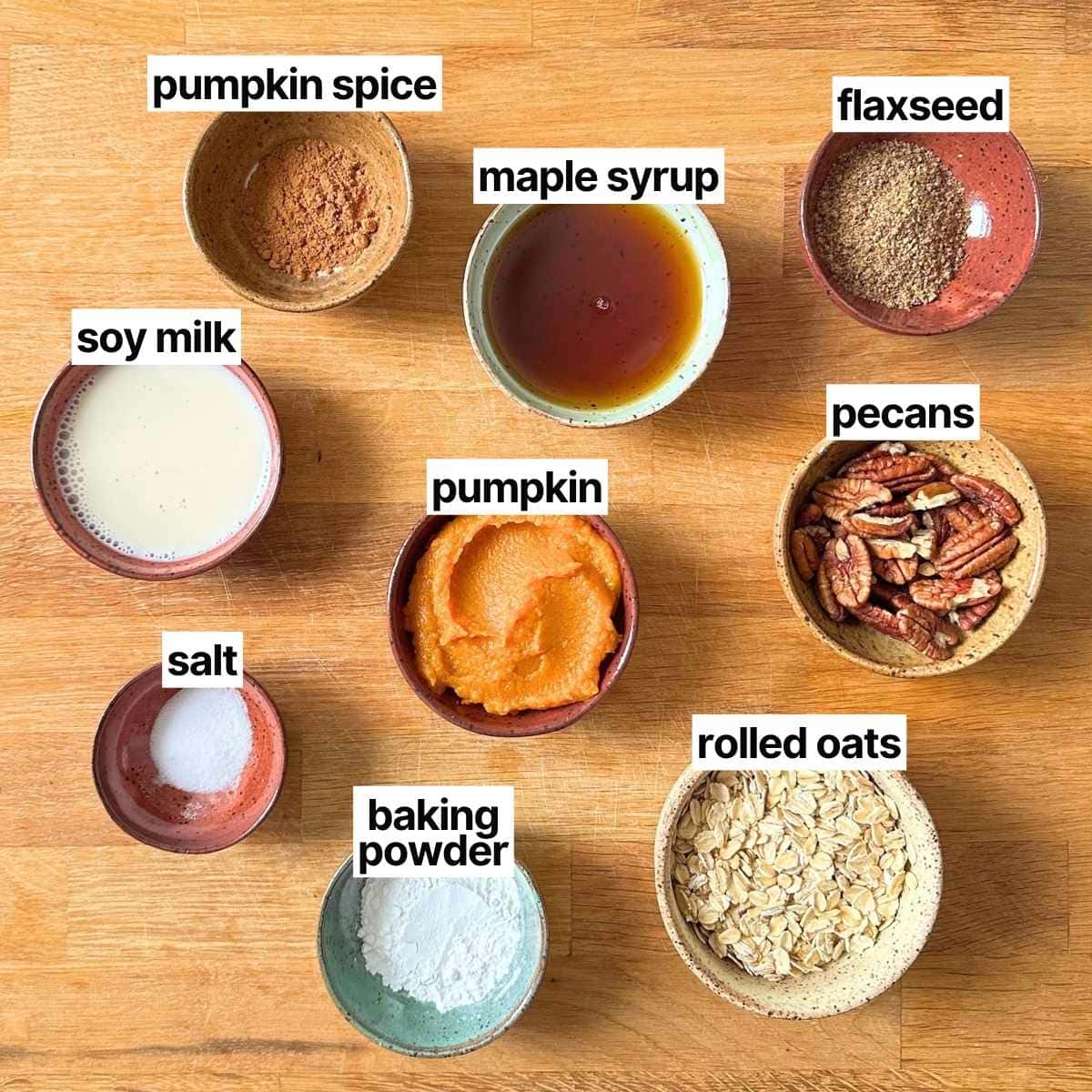 Ingredients needed to make vegan pumpkin baked oatmeal with labels: pumpkin spice, maple syrup, flaxseed, soy milk, pumpkin, pecans, salt, baking powder, and rolled oats.