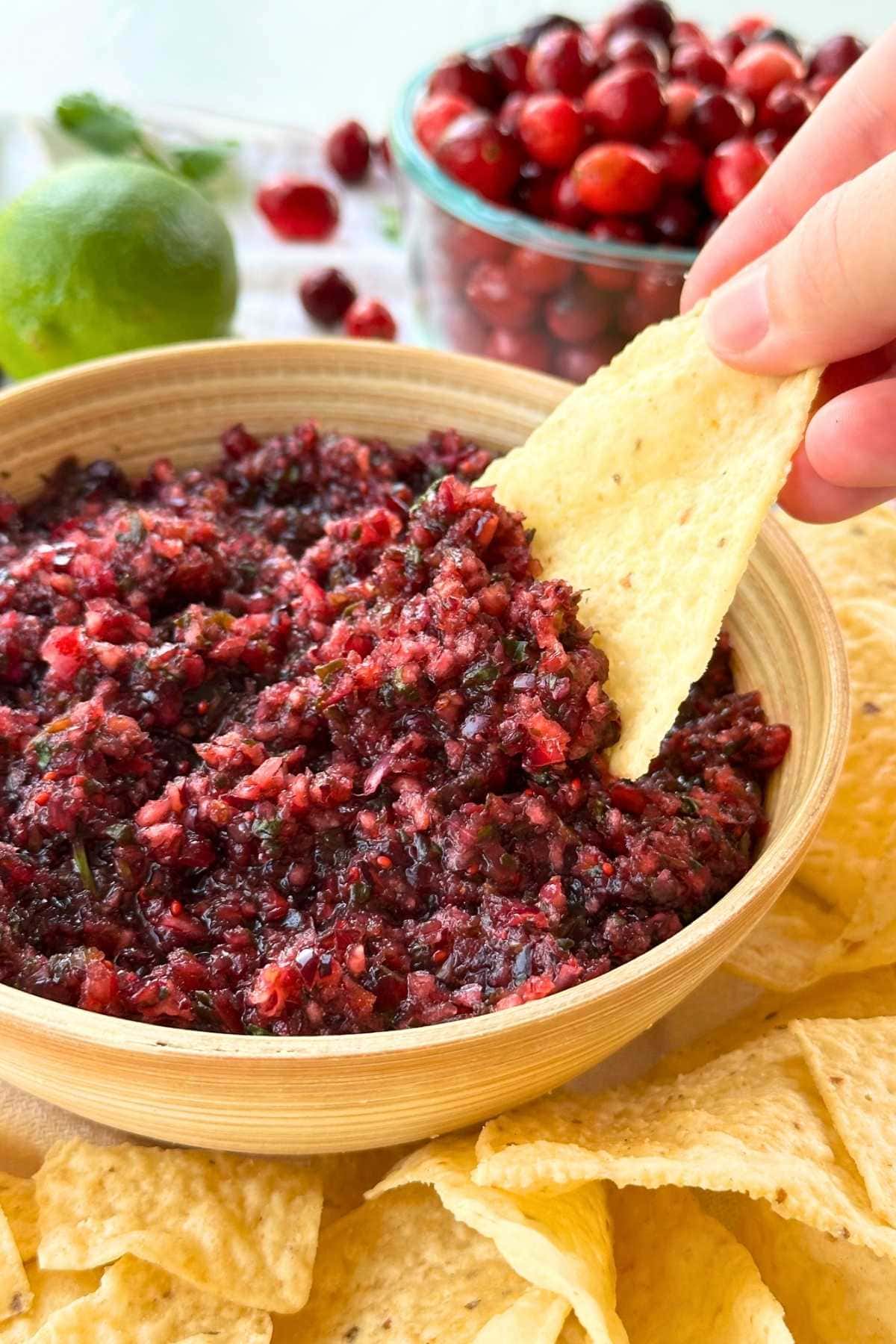 Tortilla chip dipped into cranberry jalapeño salsa with chips and cranberries in the background.